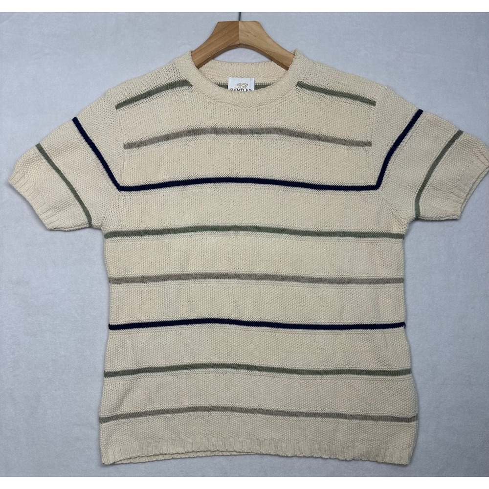 Vintage TR Bentley Striped Short Sleeve Knit Sweater Cream Blue Green Large